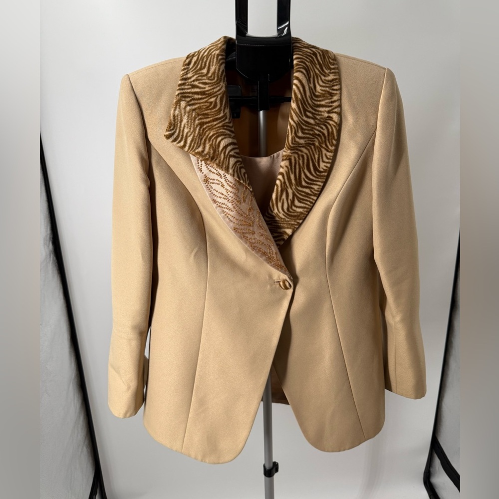 Capri Beaded Blazer Jacket Tan Removable Double Collar Sz 8 Church Formal